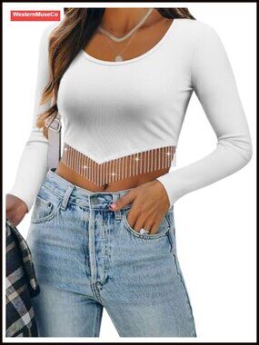 Ribbed Long Sleeve Crop Top Sparkly Beaded Fringe Hem